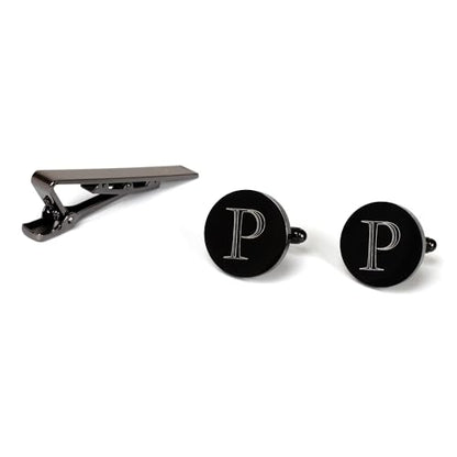 Mens Initial Cufflinks and Tie Clip A-Z Alphabet Letter Black Stainless Cuff Links Tie Bar with Engraved Walnut Wood Box Groom Groomsman Wedding Set - style: Classic-P
