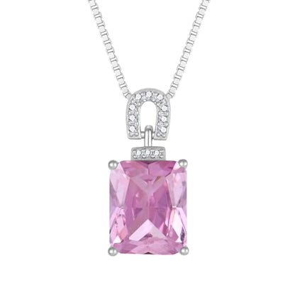 Emerald Cut Birthstone Necklace for Women 925 Sterling Silver | Baguette Birthstone Pendant Necklace, Jewelry for Mom Wife - color: Pink