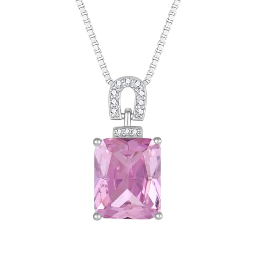 Emerald Cut Birthstone Necklace for Women 925 Sterling Silver | Baguette Birthstone Pendant Necklace, Jewelry for Mom Wife - color: Pink