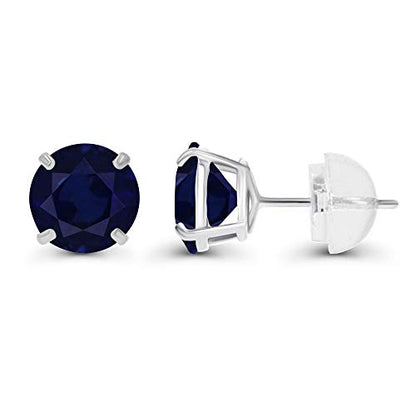 Solid 14K Yellow, White or Rose Gold 4mm Round Genuine Gemstone Birthstone Prong Set Stud Earrings For Women - color: Blue Sapphire Genuine