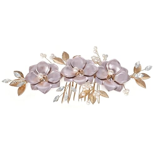 Flower Leaf Design Wedding Hair Comb, Metal Bridal Hair Accessory with Rhinestone, Wedding Prom Hair Clip Headpiece for Women (Gold Flower Pearl) - color: Gold Flower Pearl