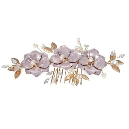 Flower Leaf Design Wedding Hair Comb, Metal Bridal Hair Accessory with Rhinestone, Wedding Prom Hair Clip Headpiece for Women (Gold Flower Pearl) - color: Gold Flower Pearl