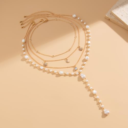 Faux Pearl Necklaces for Women, Dainty Gold Tone Necklace Long Lariat Y Necklace Layered Sun Moon Pendant Necklace Cuban Chain Faux Pearl Drop Necklaces Minimalist Jewelry for Women