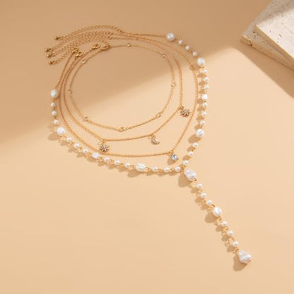 Faux Pearl Necklaces for Women, Dainty Gold Tone Necklace Long Lariat Y Necklace Layered Sun Moon Pendant Necklace Cuban Chain Faux Pearl Drop Necklaces Minimalist Jewelry for Women