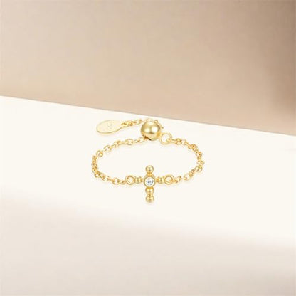 925 Sterling Silver Adjustable Link Chain Rings for Women Daughter | Dainty 14k Gold Plated Evil Eye/Cross/Flower Ring Sparkly Twist Rope with Bead Dangle Stackable Ring Jewelry Birthday Gifts - color: Style 8-Gold