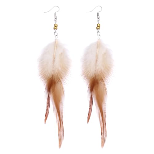 RUOFFETA Long Feather Earrings for Women, Boho Bohemian Earrings Multicolor Tassel Handmade Feather Earrings for Women Dangling - style: M-Brown