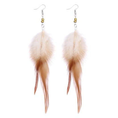 RUOFFETA Long Feather Earrings for Women, Boho Bohemian Earrings Multicolor Tassel Handmade Feather Earrings for Women Dangling - style: M-Brown