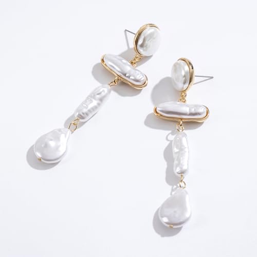 Statement Pearl Dangle Earrings,Gold and Large Pearl,Luxury Chandelier Organic Style Earrings - color: A gold and white