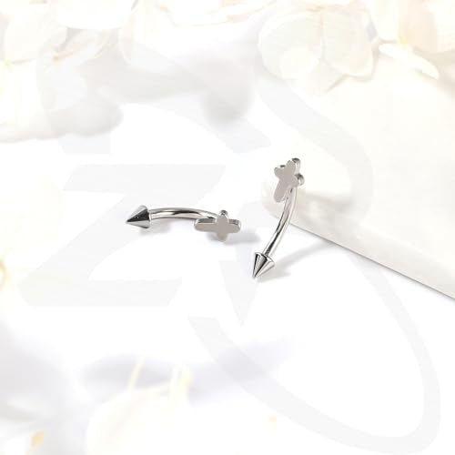 ZS 2 Pairs Stainless Steel Eyebrow Rings, 16G Curved Belly Rings Navel Barbell Helix Daith Tragus Earrings, 8/10mm Spike Vertical Labret Lip Piercing Jewelry - color: Silver,Cross-L:8/10mm