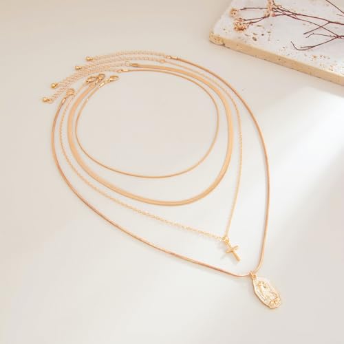 Gold Layered Necklace for Women Chunky Stacked Chain Link Paperclip Evil Eye Necklace Trendy Punk Jewelry - color: T-GoldB