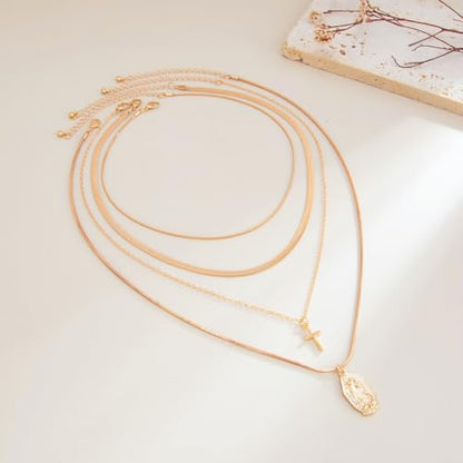 Gold Layered Necklace for Women Chunky Stacked Chain Link Paperclip Evil Eye Necklace Trendy Punk Jewelry - color: T-GoldB