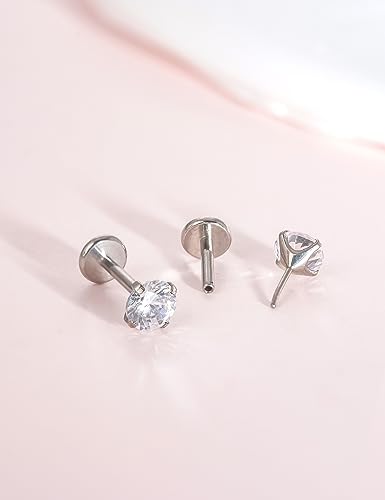 limerencia G23 Hypoallergenic 18g Flat Back Stud Earrings | F136 Implant Grade Titanium Pressfit Threadless Push Pop in Cartilage Helix Labret Lip Monroe Tragus Flat Back Piercing Studs - color: 4mm White CZ Silver