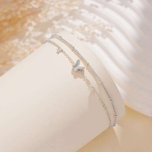 Gold/Sterling Silver Anklet Bracelets for Women Waterproof, Non Tarnish 925 Sterling Sliver Plated Heart Evileye Butterfly Charm, Dainty Summer Beach Anklets for Women, Beach Vacation Bikini Outfits for Her Mom - style: Butterfly-Silver