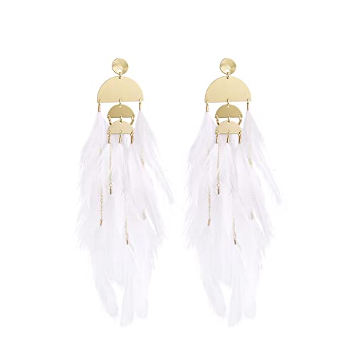 Bohemian Feather Dangle Earrings for Women with Shell Beads Long Tassel Design Drop Earrings - style: Style-White