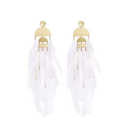 Bohemian Feather Dangle Earrings for Women with Shell Beads Long Tassel Design Drop Earrings - style: Style-White