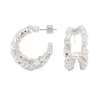 RENAIZ Bold Statement Hoop & Stud Earrings for Women – 14K Gold & Rhodium Plated Maximalist Jewelry, Chunky Geometric Boho Earrings, Hypoallergenic Non-Tarnish Trendy Gift - color: White Gold, style: Lava Chunky