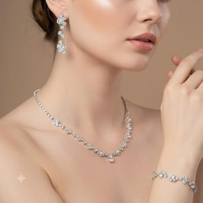 1 Piece Silver Jewelry Sets for Women Rhinestone Necklace Earrings Bracelet Set Prom Jewelry Bridal Bridemaid