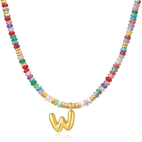 YOUFENG Initial Letter Necklaces for Women Colorful Beaded Gemstone Choker 14K Gold Plated Bubble Letter Pendant Necklace Natural Stone Handmade Jewelry Gift - color: W