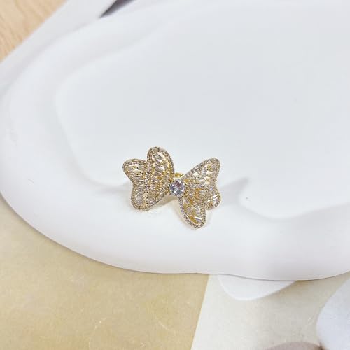 Luxury Rhinestone Bowknot Open Ring For Women Gold Silver Plated Adjustable Sparkly CZ Crystal Butterfly Finger Band Statement Bow Tie Ribbon Rings Fashion Shiny Wedding Promise Cocktail Jewelry For Her Gifts - color: Gold