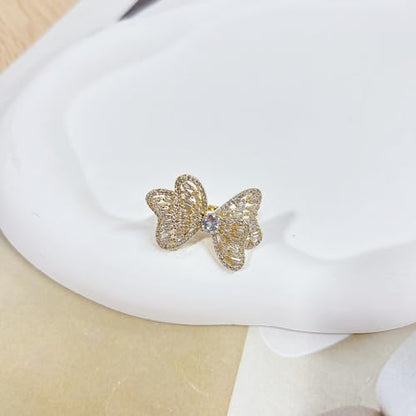 Luxury Rhinestone Bowknot Open Ring For Women Gold Silver Plated Adjustable Sparkly CZ Crystal Butterfly Finger Band Statement Bow Tie Ribbon Rings Fashion Shiny Wedding Promise Cocktail Jewelry For Her Gifts - color: Gold