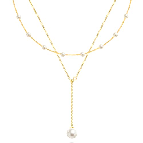 OGD Gold Pearl Necklace Set for Women 14K Plated Layered Daisy Choker Gift - color: 2PS-Lariat Pearl-Gold