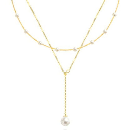 OGD Gold Pearl Necklace Set for Women 14K Plated Layered Daisy Choker Gift - color: 2PS-Lariat Pearl-Gold