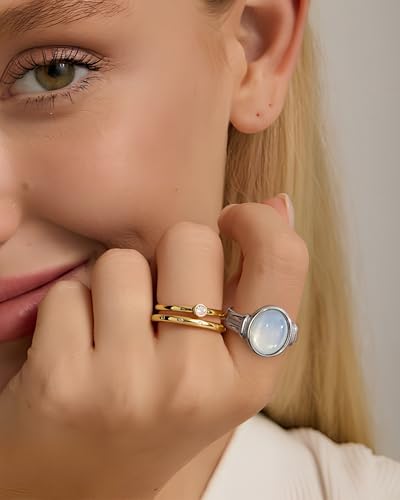 YeGieonr Gold Rings for Women Trendy Non Tarnish Chunky Gold Plated Ring, Waterproof Stainless Steel Gold Jewelry Gift - color: Mother of Pearl Silver, size: 7