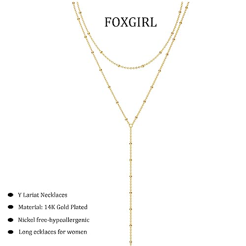 Foxgirl Lariat Gold Necklace for Women, Dainty Long Necklace 14k Gold Plated/Silver Y-Shaped Pendant Necklace Trendy Layered Cz Beaded Chain Drop Necklaces Simple Gold Jewelry For Women Gift - color: Y Small Layered Satellite-GD