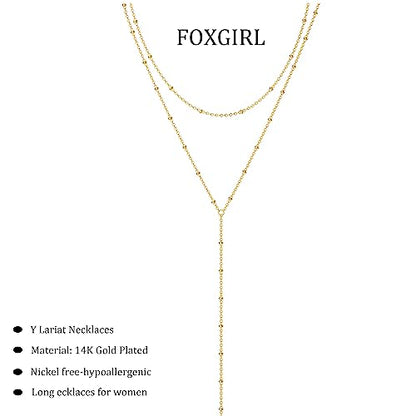 Foxgirl Lariat Gold Necklace for Women, Dainty Long Necklace 14k Gold Plated/Silver Y-Shaped Pendant Necklace Trendy Layered Cz Beaded Chain Drop Necklaces Simple Gold Jewelry For Women Gift - color: Y Small Layered Satellite-GD