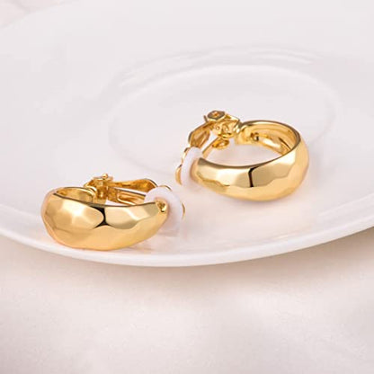 Clip on Earrings Women, 14K Gold Hoop Clip-On Earrings for Women, Hypoallergenic Non Pierced Croissant Earrings - color: Gold High Gloss Hoop