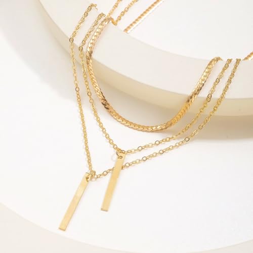 Layered Vertical Bar Choker Necklace for Women Men Gold Silver Plated Dainty Simple Multilayer Thin Flat Stick Geometric Adjustable Long Chain Necklace for Minimalist Birthday Holiday Fashion Jewelry