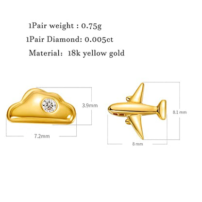 Carleen 18k Solid Yellow Gold Cloud & Airplane Stud Earrings Dainty Tiny Single Statement Earring Delicate Fine Diamond Stud Earring For Women