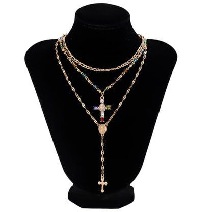 Layered Cross Necklace Set for Women, Layered Choker Necklaces Trendy Jewelry, Colorful Enamel Beaded Y-Shaped Lariat Necklace, Boho Multilayer Cross Necklace for Party and Daily Wear - color: Gold-10