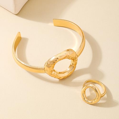 Gold Bangle Ring Set for Women Chunky Statement Jewelry Set Geometric Bangle Bracelet And Ring Minimalist Daily Wear Party Jewelry Gift - color: Gold B