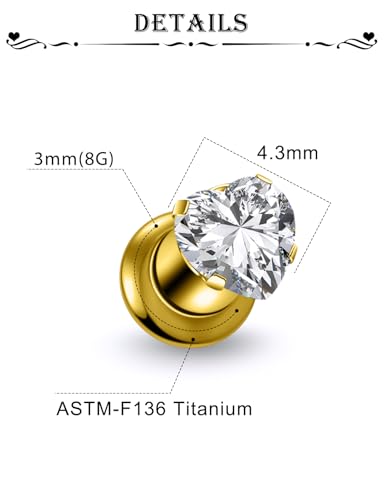 Astm F136 Titanium Heart CZ Ear Gauges Screw Fit Flesh Tunnels Plugs Gauges Earring Expander Stretcher Ear Tunnels For Ears 10G 8G 6G 4G 2G 0G 00G Plug Earrings Piercing Jewelry For Women Men - color: 8G Gauges, Gold
