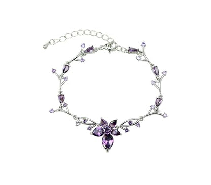 Faship Gorgeous CZ Crystal Floral Necklace Earrings Set - color: Purple / Matching Bracelet