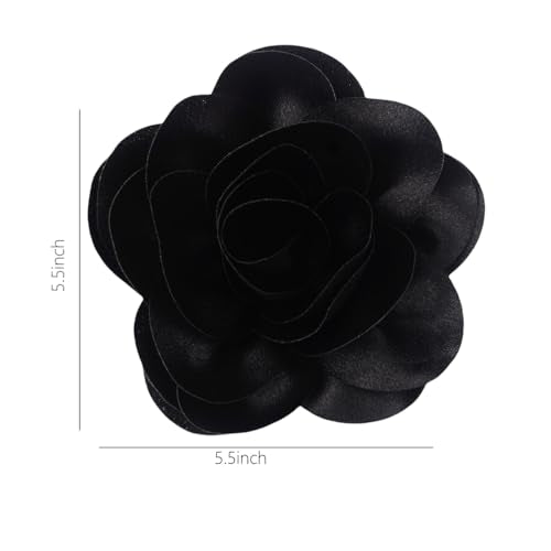 Large Rose Flower Brooches Chiffon Camellia Brooch Lapel Pins Hair Clips Hat Pins for Women Wedding Banquet Accessories Large Satin Flowers 5.5in - color: Black