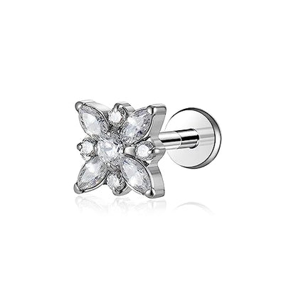 1pcs 16G 18G G23 Titanium Threadless Labret Studs Push-in Labret Lip Cluster Tragus Helix Conch Lobe Rook Cartilage Push Back Piercing Jewelry Earring - style: Flower CZ