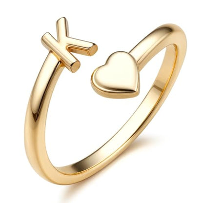 FUNRUN JEWELRY Gold Initial Ring for Women Non Tarnish 14K Gold Plated | Adjustable Letter Rings A-Z Dainty Heart Alphabet Stackable Band Rings Trendy Capital Letter Pinky Knuckle Thumb Ring - style: K Initial Ring