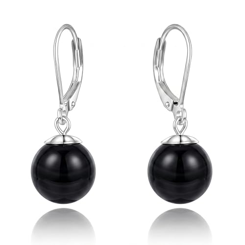 Pearl Leverback Earrings for Women Dangle Round Gemstone Earrings Birthstone Jewelry Gift Anniversary for Her - color: 18 Black agate