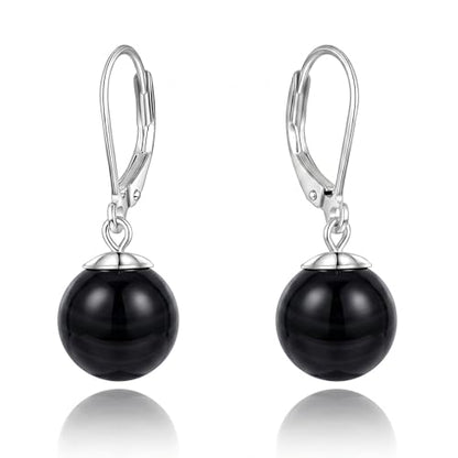 Pearl Leverback Earrings for Women Dangle Round Gemstone Earrings Birthstone Jewelry Gift Anniversary for Her - color: 18 Black agate
