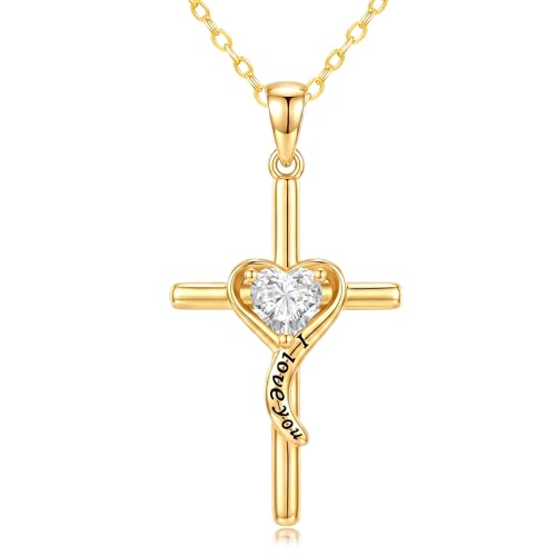 14K Gold Cross Necklace for Women Dainty Birthstone Pendant | Heart I Love You Romantic Jewelry Anniversary Christian Religious Baptism Birthday Gifts with 18"+2" Adjustable Chain - color: 14K Gold-04-Api Birthstone