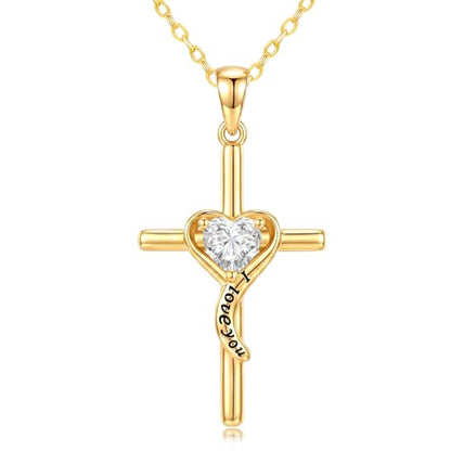 14K Gold Cross Necklace for Women Dainty Birthstone Pendant | Heart I Love You Romantic Jewelry Anniversary Christian Religious Baptism Birthday Gifts with 18"+2" Adjustable Chain - color: 14K Gold-04-Api Birthstone