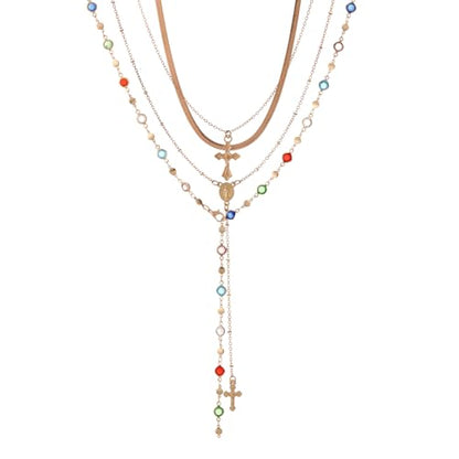 KURTCB Rhinestone Necklace for Women Boho Long Y Lariat Gold Necklace Stack Colorful Summer Beach Jewelry - color: Gold Cross Stone