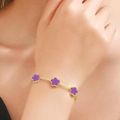 FLY FEI 18K Gold-Plated Four Leaf Clover Bracelet for Women,Adjustable lucky Bracelet Set Jewelry Gift-Hypoallergenic Charm for Birthdays, Wellness & Daily Wear - color: style01-Purple