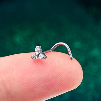 20G Grade 23 (G23) Titanium Screw Nose Studs Ring S-Shaped Diamond Cubic Zirconia Flower Bone Piercing Jewelry