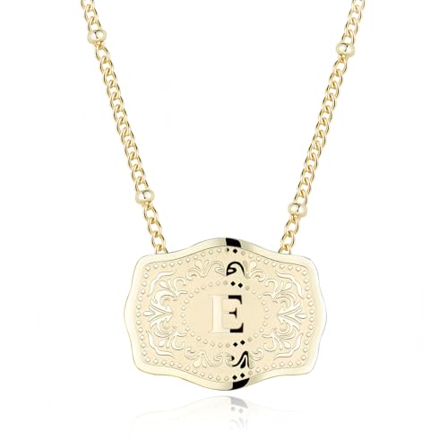 14K Gold-Plated Initial Necklace for Women, Western Belt Buckle Letter Pendant, Alphabet Necklace Includes 2 Chains, Cowgirl Jewelry Gift - color: E