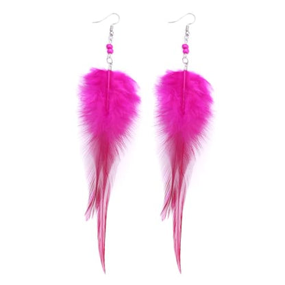 RUOFFETA Long Feather Earrings for Women, Boho Bohemian Earrings Multicolor Tassel Handmade Feather Earrings for Women Dangling - style: M-Hot Pink