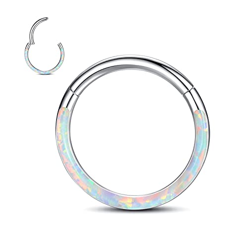 WBRWP 316L Stainless Steel Nose Hoop Rings Clicker with Zircon/Opal 14g-20g | Hypoallergenic Nose Rings Segment Clicker Lip Rings Cartilage Rook Conch Earrings Diameter 5mm-10mm - color: Flat silver ring with white opal -1pc pack