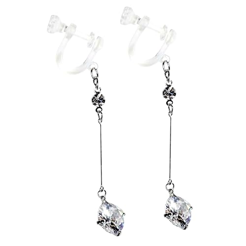 Drop Cubic Zirconia Invisible Clip On Earrings for Women Not Pierced Gold Teardrop Sqaure CZ Crystal Dangle Gold Silver Comfortable Clip On Earrings Bridal Wedding Prom - color: Screw-Back Round Silver
